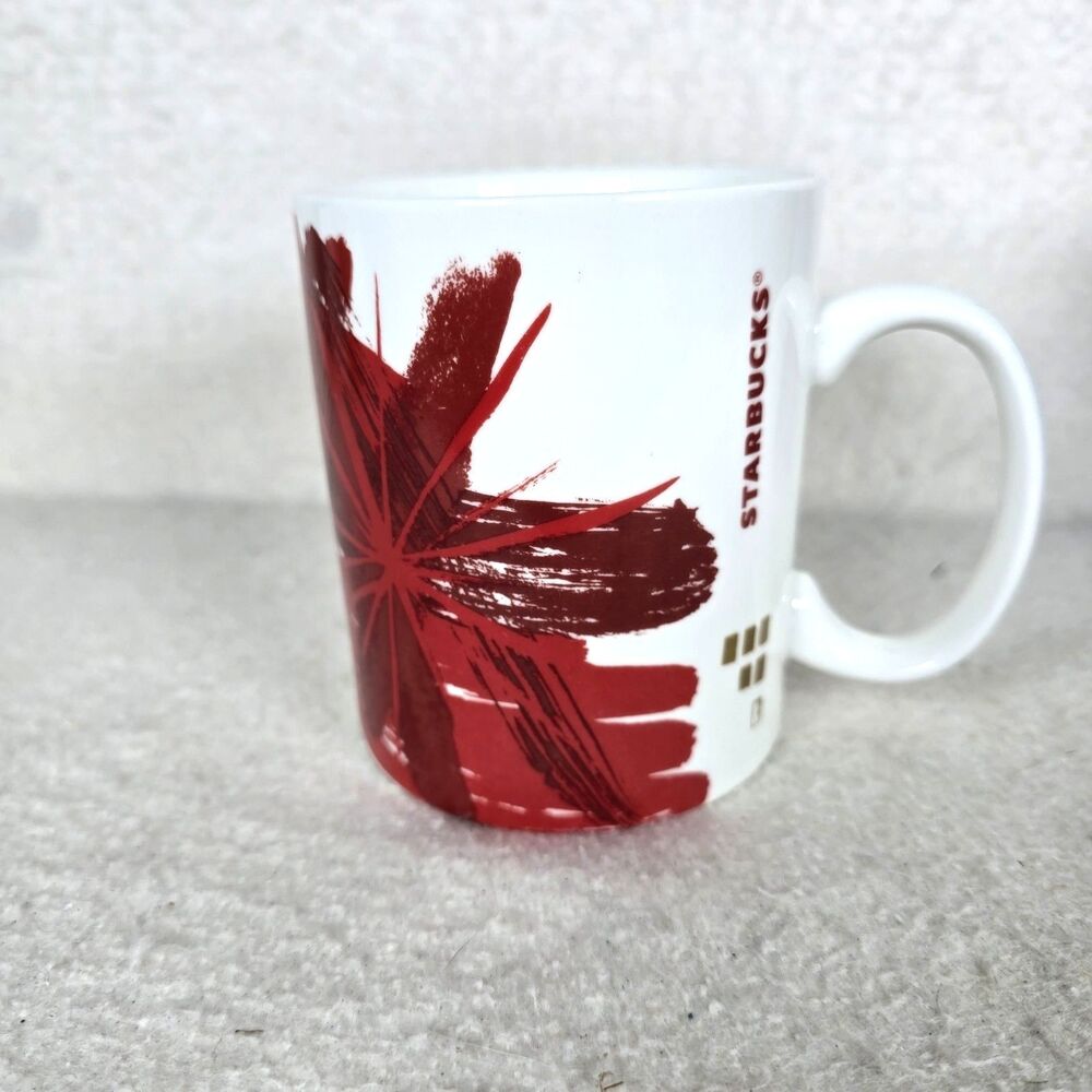 Starbucks White Red Paint Strokes Starburst Tea Coffee Mug 12 oz 2014